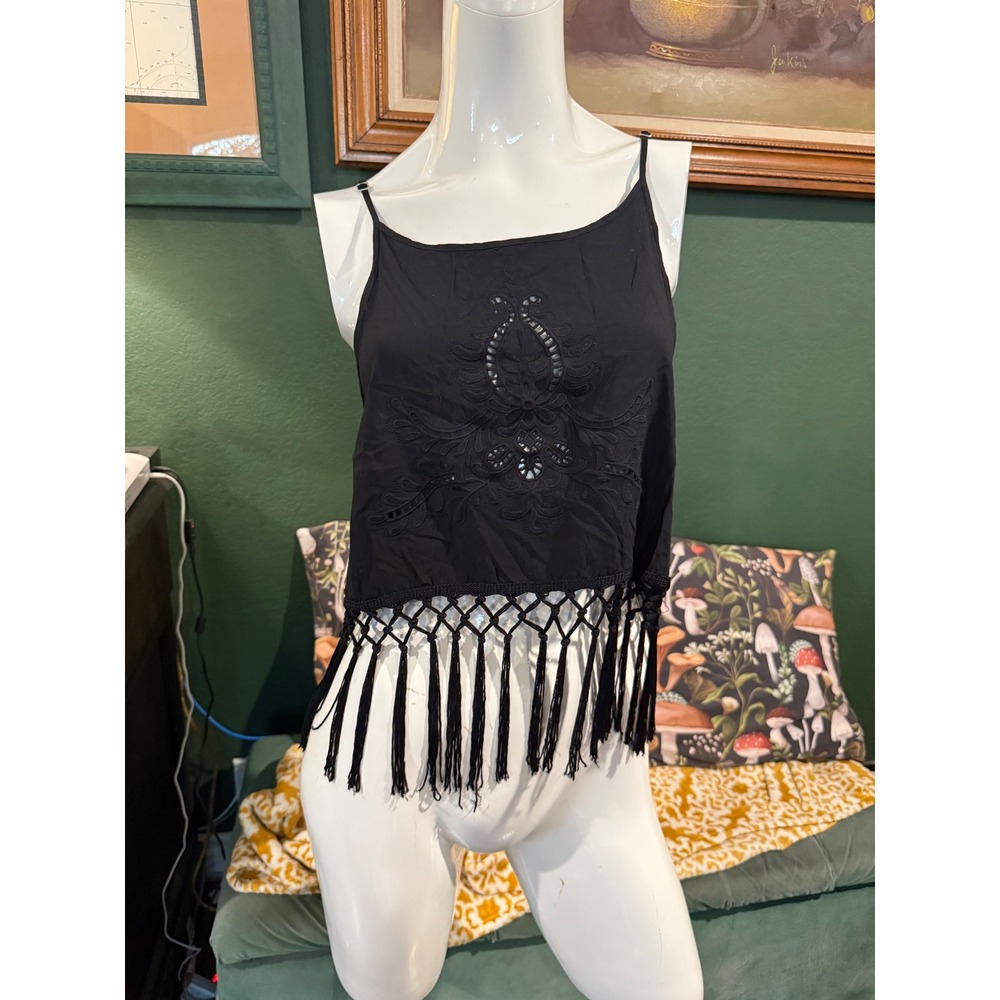 Solemio Black Embroidered Fringe Crop Cami Top Medium Boho‎ Festival Eyelet